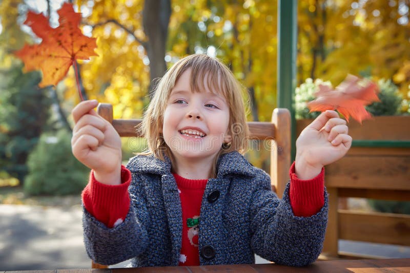 Muchacha que juega con las hojas de otoño foto de archivo libre de regalías Muchacha que juega con las hojas de otoño foto de archivo libre de regalías
