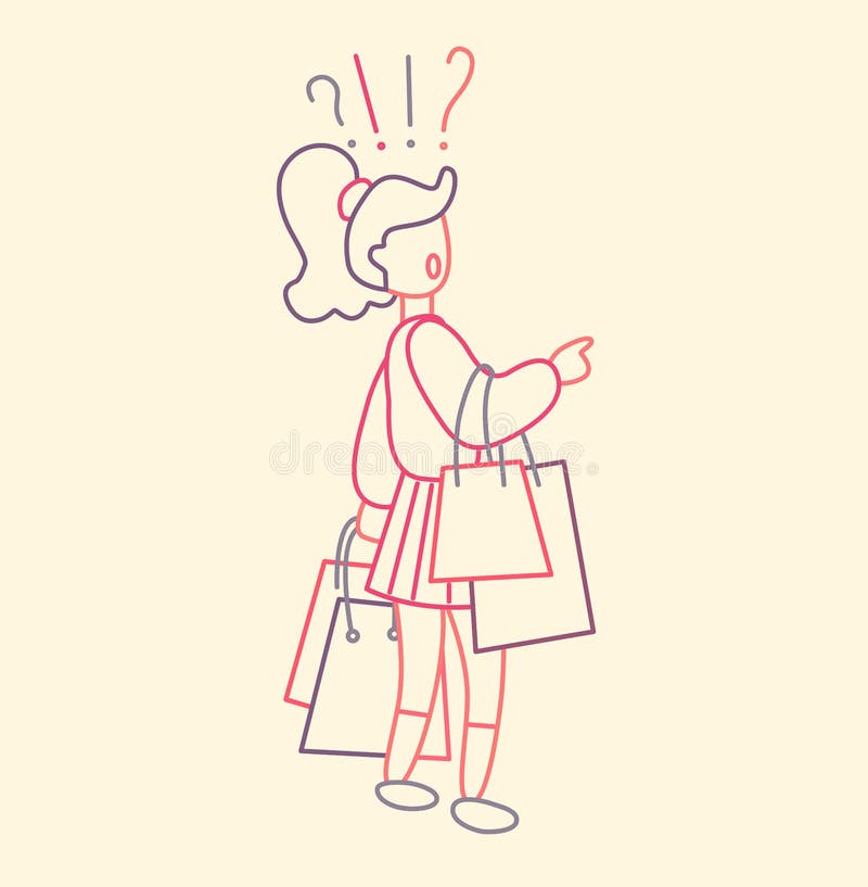 Muchacha que lleva muchos bolsos que hacen compras con las compras y las dudas Venta estacional en la tienda Línea fina diseño pl ilustración del vector Muchacha que lleva muchos bolsos que hacen compras con las compras y las dudas Venta estacional en la tienda Línea fina diseño pl ilustración del vector