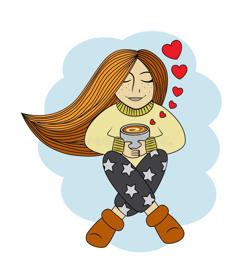 Muchacha que se sienta con una taza de café stock de ilustración Muchacha que se sienta con una taza de café stock de ilustración