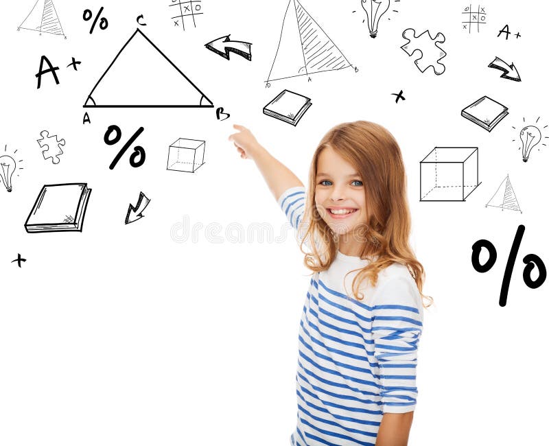 Education, school and technology concept - cute little girl pointing to triangle on virtual screen. Education, school and technology concept - cute little girl pointing to triangle on virtual screen