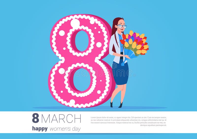 Muchacha que sostiene el ramo flores mujeres día saludo de día de fiesta feliz del 8 de marzo ilustración del vector Muchacha que sostiene el ramo flores mujeres día saludo de día de fiesta feliz del 8 de marzo ilustración del vector