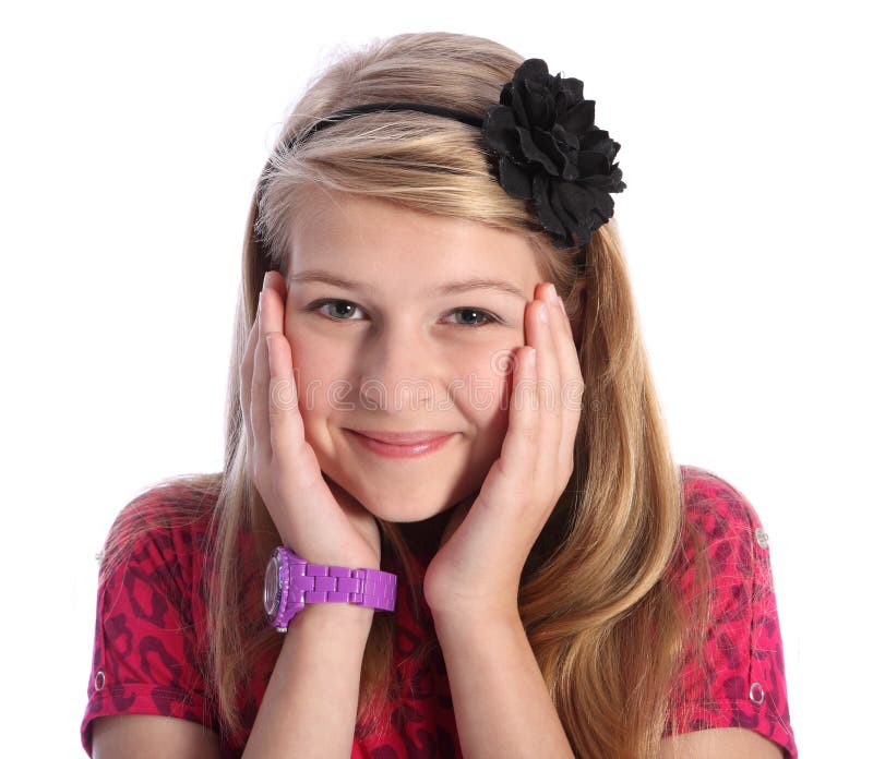 Muchacha rubia joven emocionada de la escuela con sonrisa linda fotografía de archivo Muchacha rubia joven emocionada de la escuela con sonrisa linda fotografía de archivo