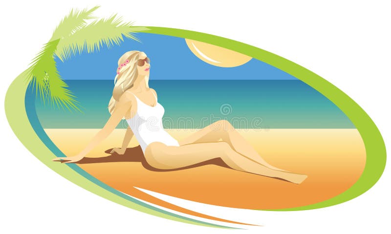 Muchacha rubia que toma el sol en la playa ilustración del vector Muchacha rubia que toma el sol en la playa ilustración del vector