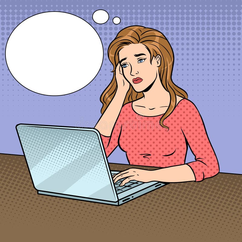 Muchacha triste con el ejemplo del vector del arte pop del ordenador portátil libre illustration Muchacha triste con el ejemplo del vector del arte pop del ordenador portátil libre illustration