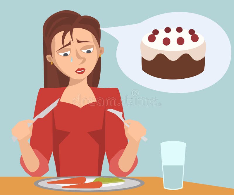 Muchacha triste que come la comida de la dieta que sueña con la torta stock de ilustración Muchacha triste que come la comida de la dieta que sueña con la torta stock de ilustración