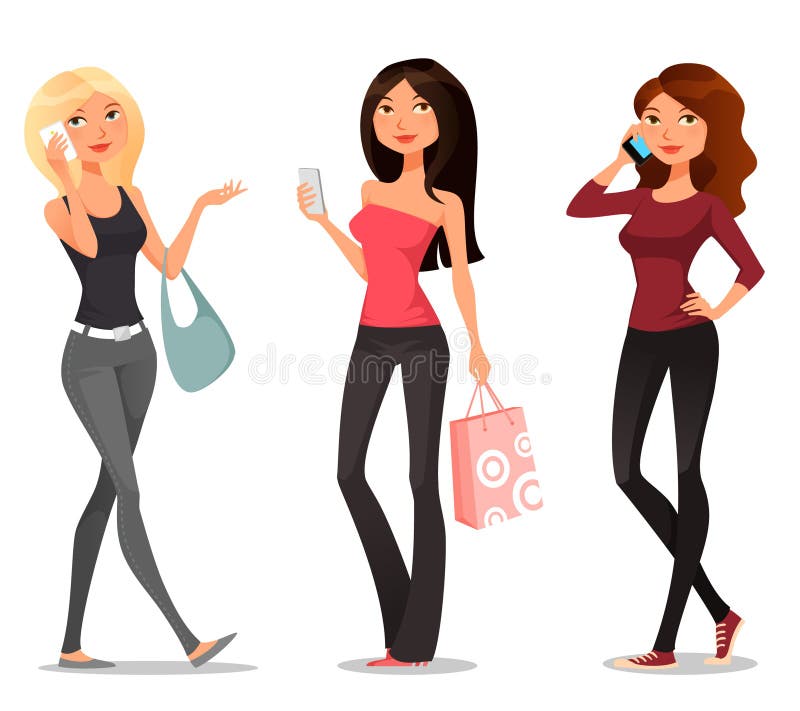 Muchachas de la historieta con los teléfonos móviles libre illustration Muchachas de la historieta con los teléfonos móviles libre illustration
