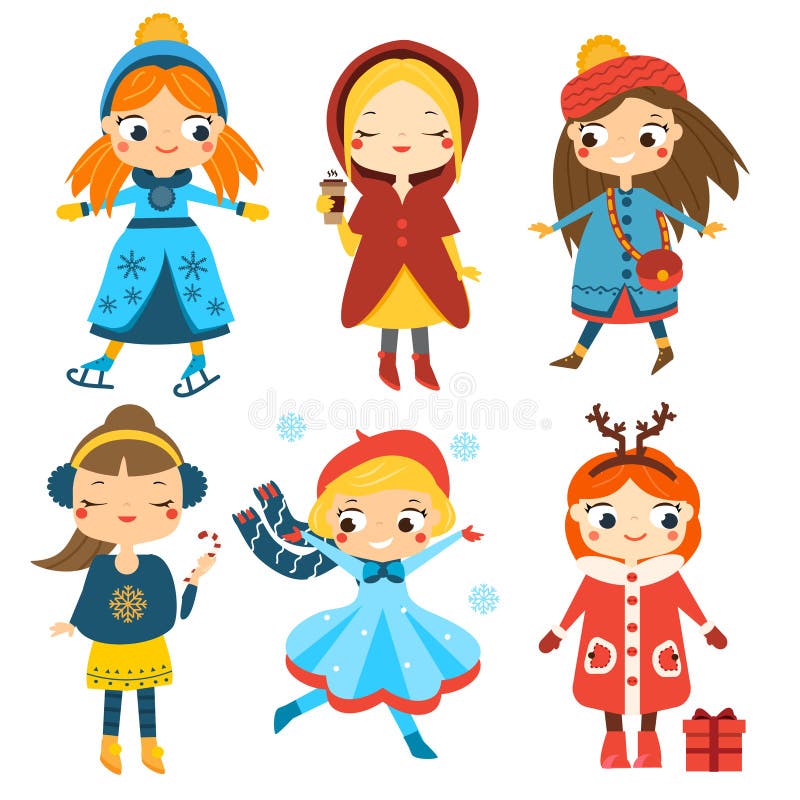 Muchachas lindas del invierno fijadas Embroma actividad del invierno Colección del vector de caracteres femeninos de la historiet ilustración del vector Muchachas lindas del invierno fijadas Embroma actividad del invierno Colección del vector de caracteres femeninos de la historiet ilustración del vector