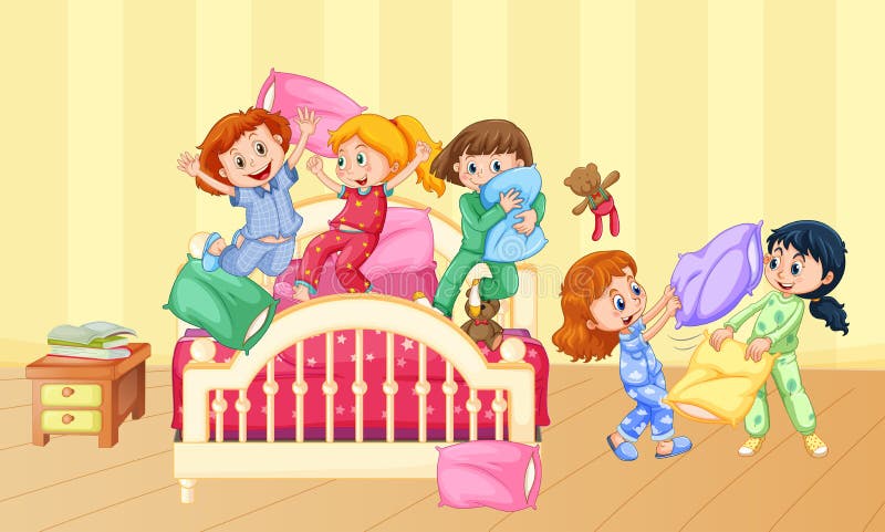 Muchachas que juegan lucha de almohada en la fiesta de pijamas ilustración del vector Muchachas que juegan lucha de almohada en la fiesta de pijamas ilustración del vector
