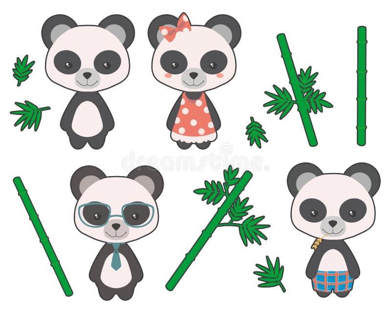 Muchachas y muchachos lindos del oso de panda gigante del estilo de la historieta con el ejemplo del ropa y de bambú del vector ilustración del vector Muchachas y muchachos lindos del oso de panda gigante del estilo de la historieta con el ejemplo del ropa y de bambú del vector ilustración del vector