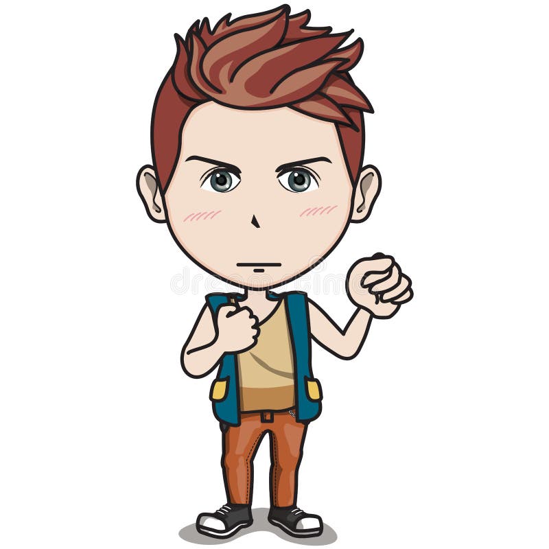 El carácter adolescente masculino - sostenga el puño para arriba en el aire ilustración del vector