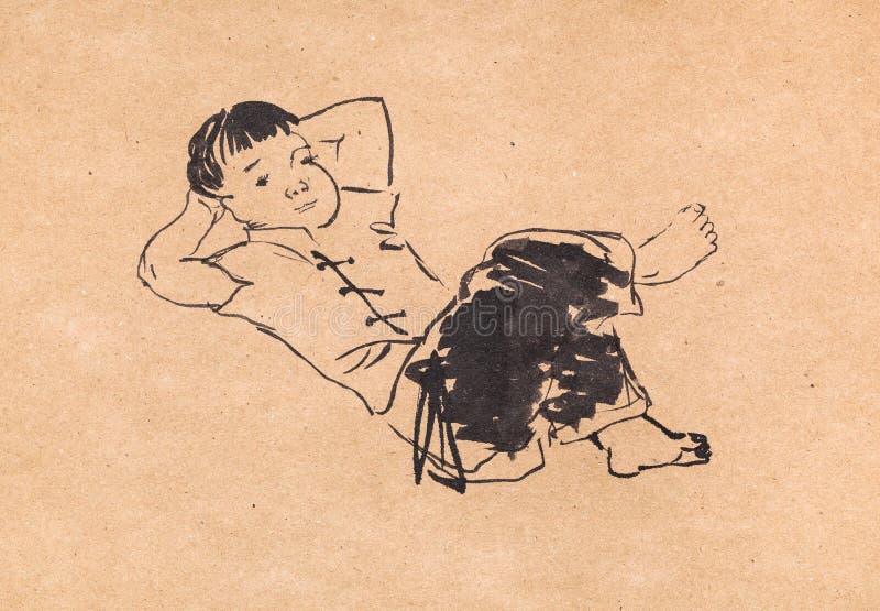 Lying chinese boy hand drawn in sumi-e style by black ink on kraft paper. Lying chinese boy hand drawn in sumi-e style by black ink on kraft paper