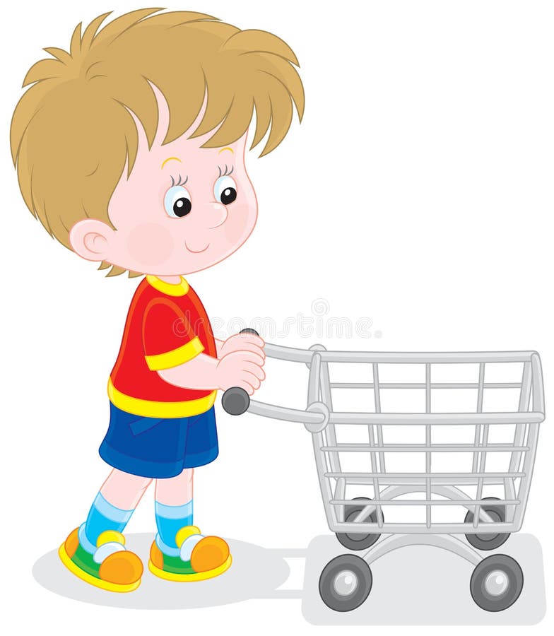 Muchacho con una carretilla de las compras stock de ilustración Muchacho con una carretilla de las compras stock de ilustración