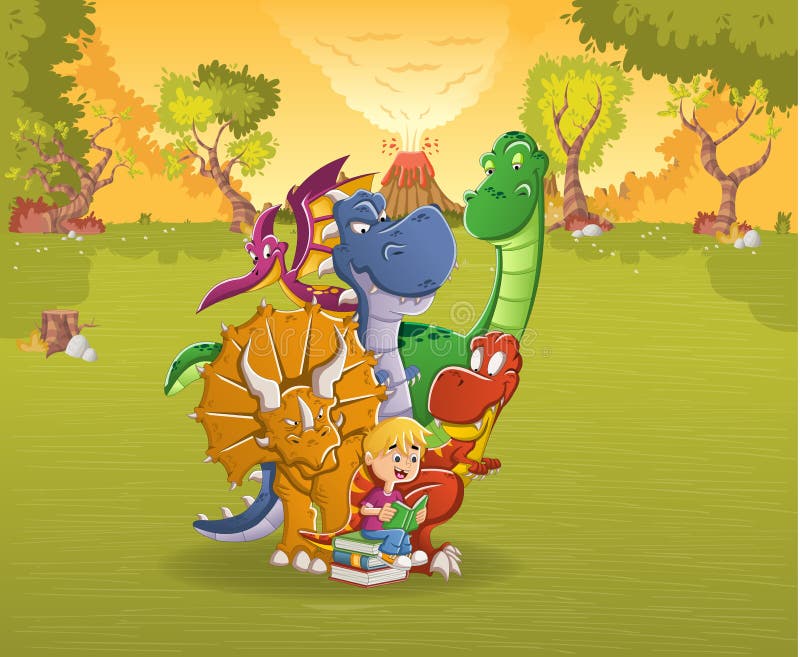 Muchacho de la historieta que lee un libro a los dinosaurios grandes en un bosque con el volcán Paisaje prehistórico de la natura stock de ilustración Muchacho de la historieta que lee un libro a los dinosaurios grandes en un bosque con el volcán Paisaje prehistórico de la natura stock de ilustración