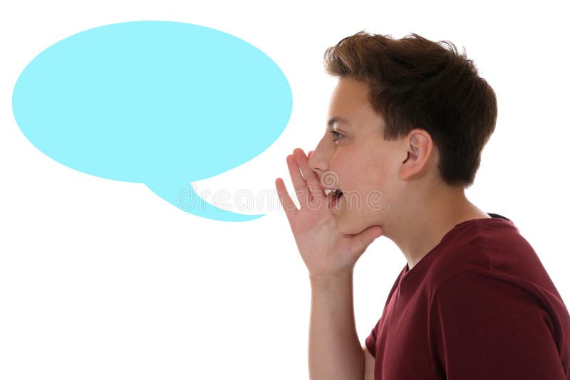 Young boy shouting with speech bubble and copyspace isolated on a white background. Young boy shouting with speech bubble and copyspace isolated on a white background