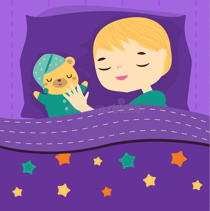 Muchacho lindo que duerme con el oso de peluche Niño de la historieta en la cama que tiene sueños dulces con el juguete Hora de a libre illustration Muchacho lindo que duerme con el oso de peluche Niño de la historieta en la cama que tiene sueños dulces con el juguete Hora de a libre illustration