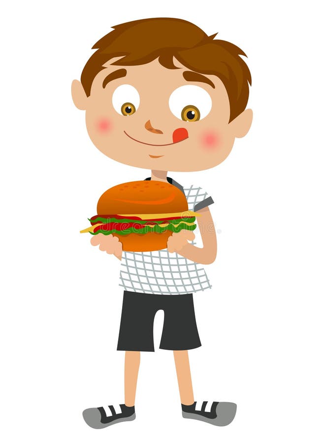 Muchacho que come la hamburguesa stock de ilustración