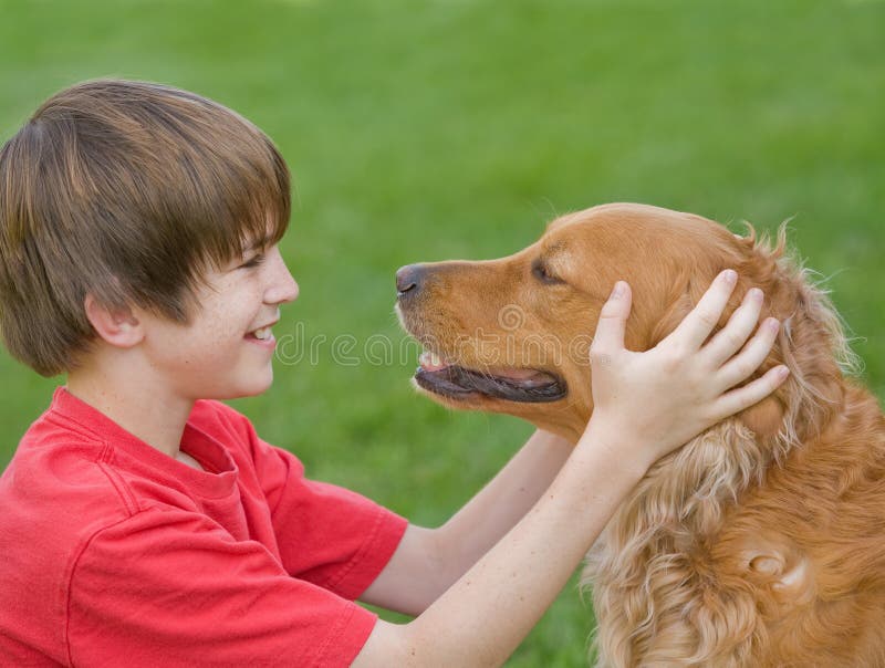 Muchacho que juega con su perro fotografía de archivo libre de regalías Muchacho que juega con su perro fotografía de archivo libre de regalías