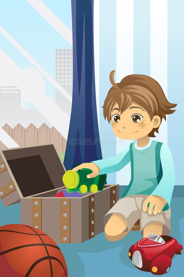 Muchacho Que Limpia Sus Juguetes Ilustración del Vector - Ilustración