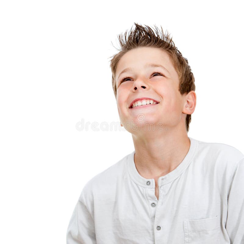 Close up portrait of smiling boy looking up.Isolated on white. Close up portrait of smiling boy looking up.Isolated on white.