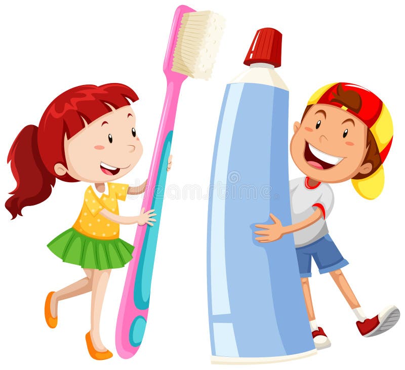 Muchacho y muchacha con el cepillo de dientes y la goma gigantes stock de ilustración Muchacho y muchacha con el cepillo de dientes y la goma gigantes stock de ilustración