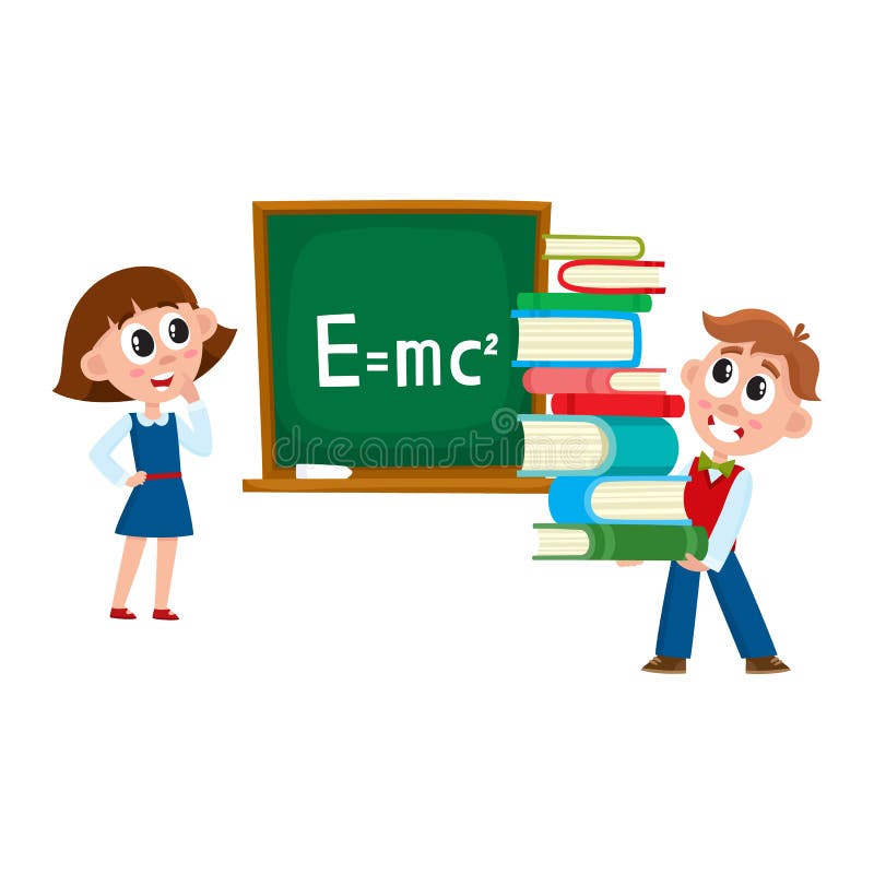 Muchacho y muchacha en la lección de la física, en escuela ilustración del vector