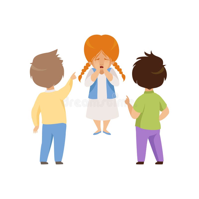 Muchachos que imitan y que señalan en una muchacha gritadora, un mún comportamiento, un conflicto entre los niños, una mofa y tir libre illustration Muchachos que imitan y que señalan en una muchacha gritadora, un mún comportamiento, un conflicto entre los niños, una mofa y tir libre illustration
