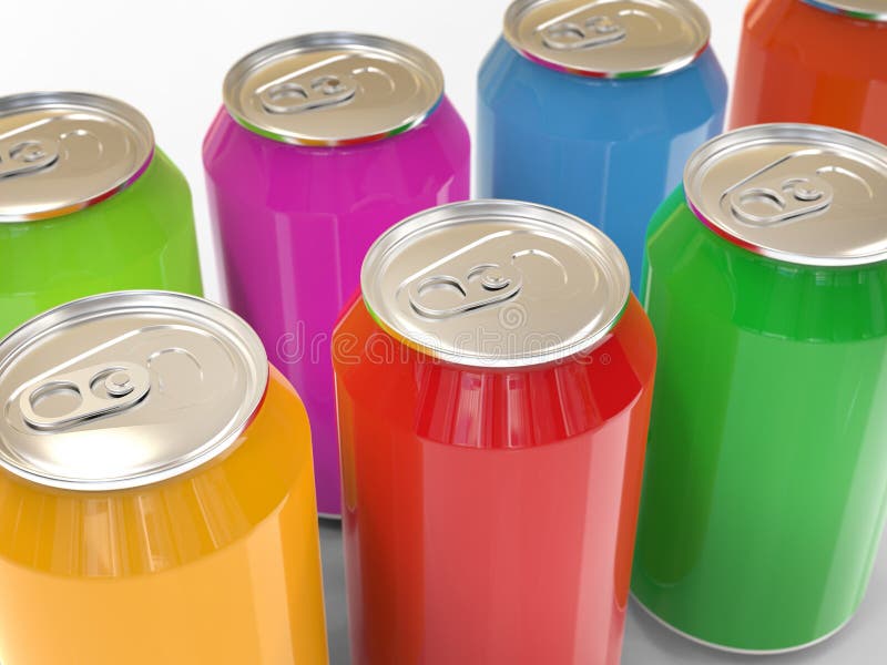 Muchas latas de bebidas carbónicas coloridas foto de archivo