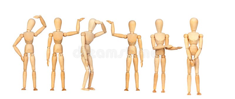 Mucho maniquí de madera que hace gestos de los differents imagen de archivo Mucho maniquí de madera que hace gestos de los differents imagen de archivo
