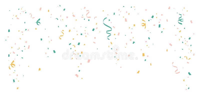 Muchos confetti coloridos en caída y cinta en fondo blanco. libre illustration