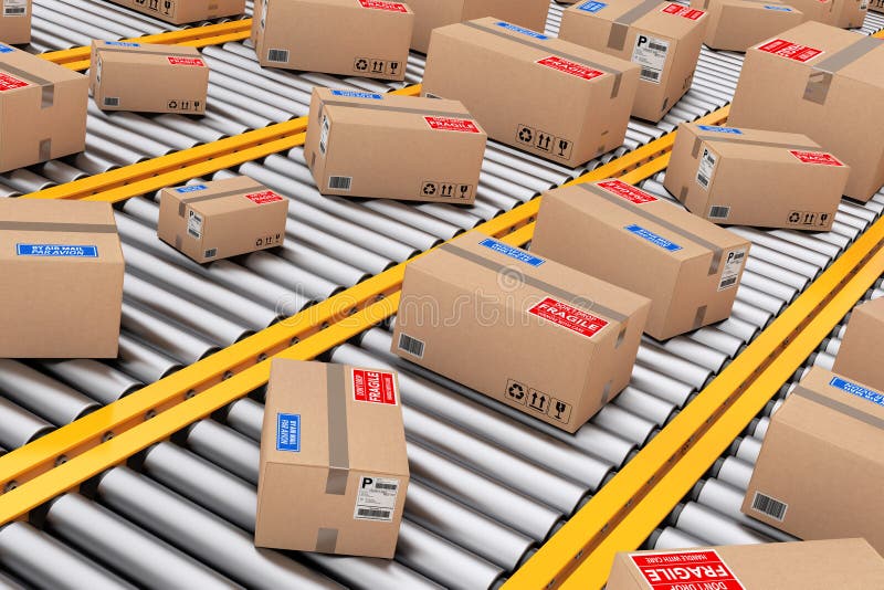 Many Parcel Cardboard Boxes over Roller Conveyor Lines extreme closeup. 3d Rendering. Many Parcel Cardboard Boxes over Roller Conveyor Lines extreme closeup. 3d Rendering.