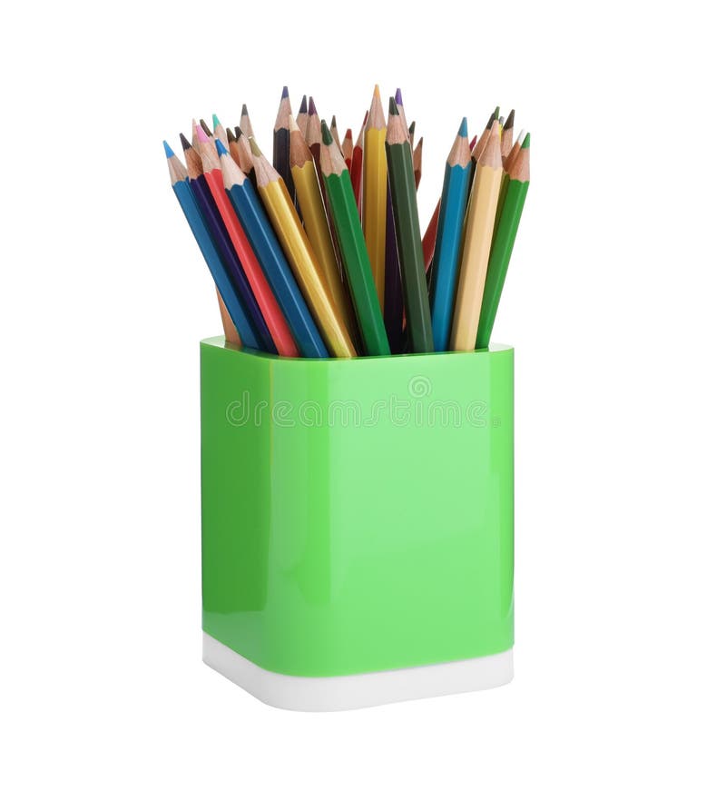 Muchos lápices de colores en el soporte verde aislado. papelería escolar fotos de archivo libres de regalías