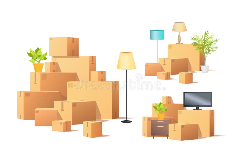 Mudanza en o fuera de vector de las cajas y de los muebles del cartón