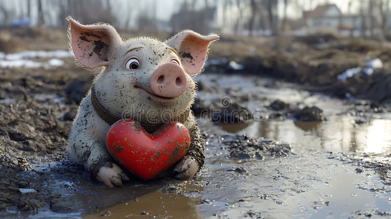 MudCovered Piglet med Heart Cute 3D Render vektor illustrationer