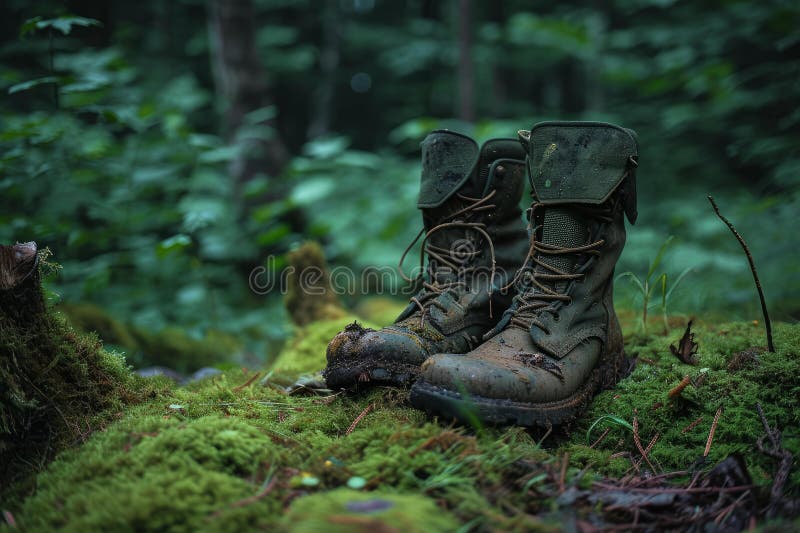 Muddy Army boots dirty forest. White combat. Generate Ai AI generated. Muddy Army boots dirty forest. White combat. Generate Ai AI generated