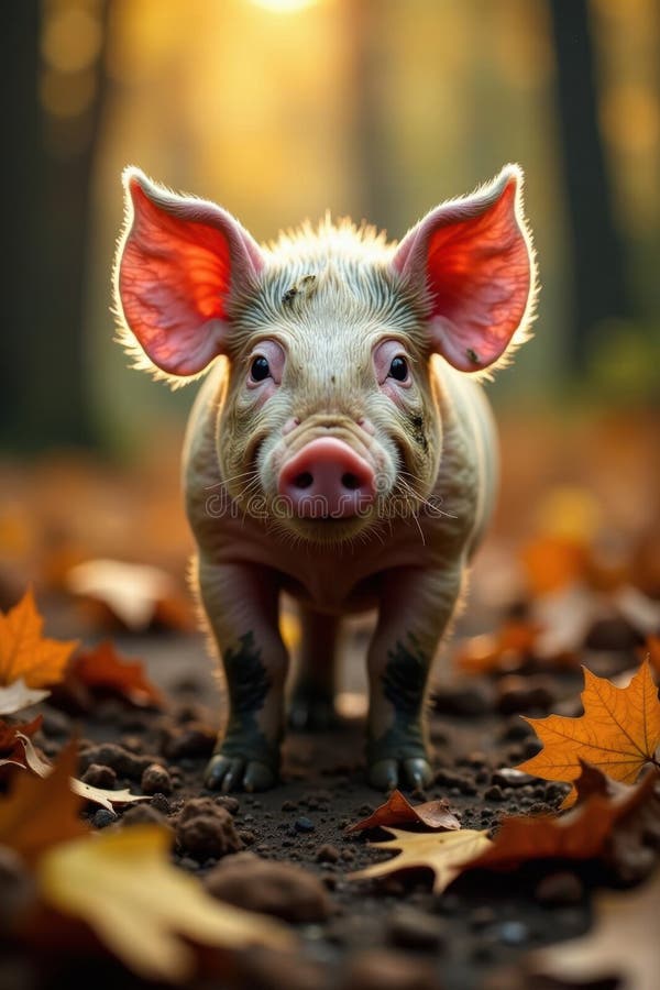 Muddy piglet under höstträden Smutt ansikte solljussnut stock illustrationer