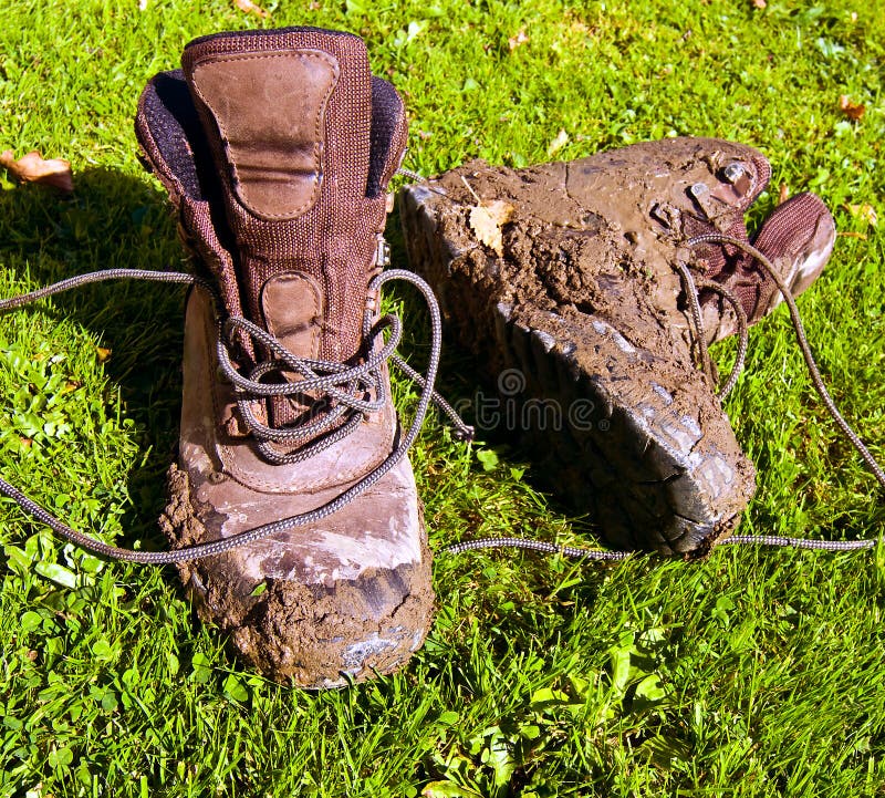 A pair of very muddy walking shoes drying in the sun. A pair of very muddy walking shoes drying in the sun