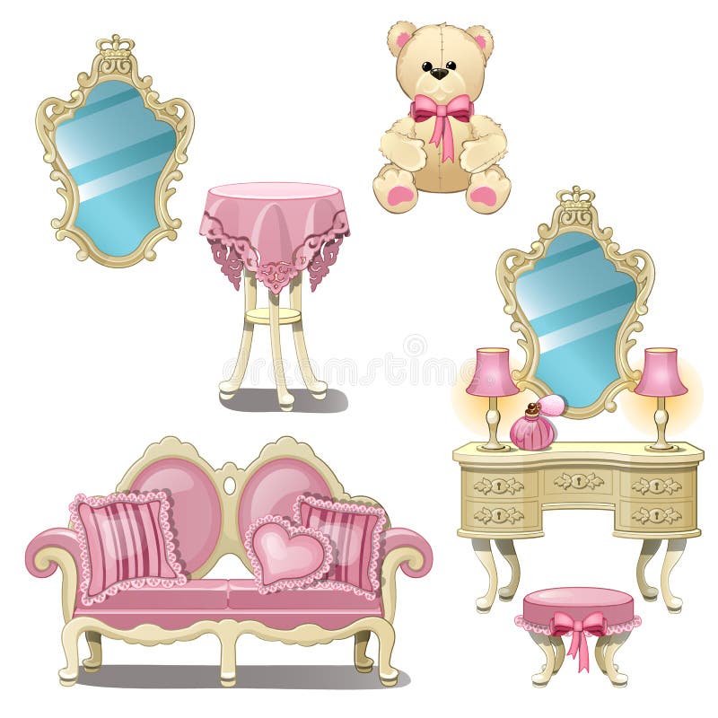Muebles para el sitio interior de la muchacha en color rosado aislado en el fondo blanco Ejemplo del primer de la historieta del stock de ilustración Muebles para el sitio interior de la muchacha en color rosado aislado en el fondo blanco Ejemplo del primer de la historieta del stock de ilustración