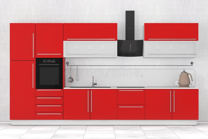 Muebles Rojos Modernos De La Cocina Con Articulos De Cocina Representacion 3d Stock De Ilustracion Ilustracion De Rojos Cocina 106566489