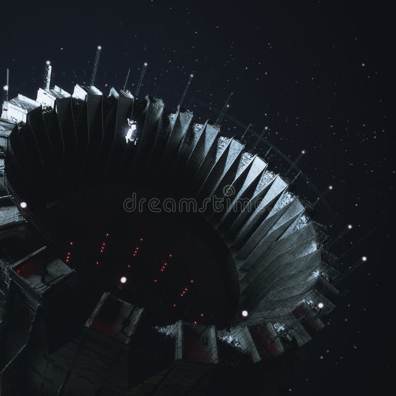 Muelle grande de la abertura de la estación espacial en espacio exterior oscuro con la pequeña figura del cosmonauta del astronau stock de ilustración Muelle grande de la abertura de la estación espacial en espacio exterior oscuro con la pequeña figura del cosmonauta del astronau stock de ilustración