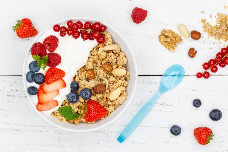 Muesli Breakfast Fruits Yogurt Strawberries Cereals Berries Bowl Stock