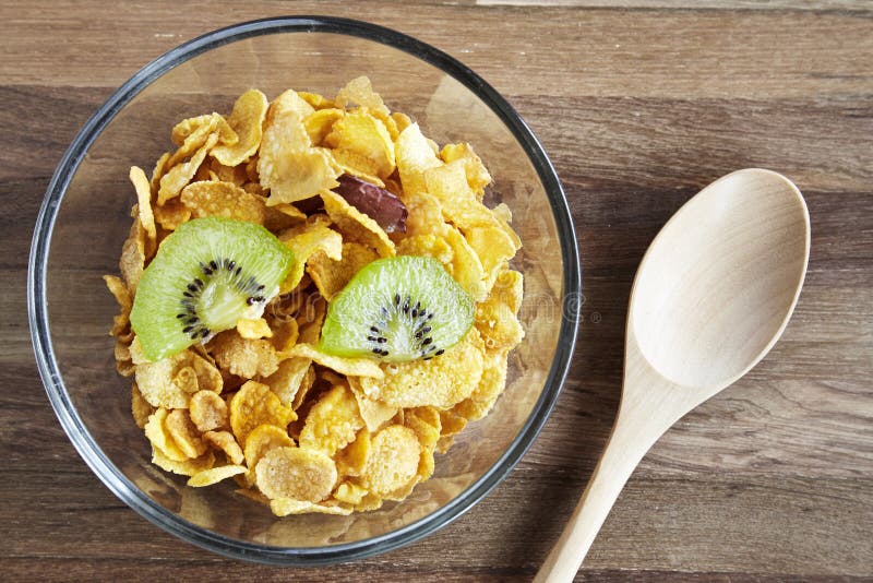 Muesli with Cornflakes in a Glassbowl on Rustic Wood Table Stock Photo ...