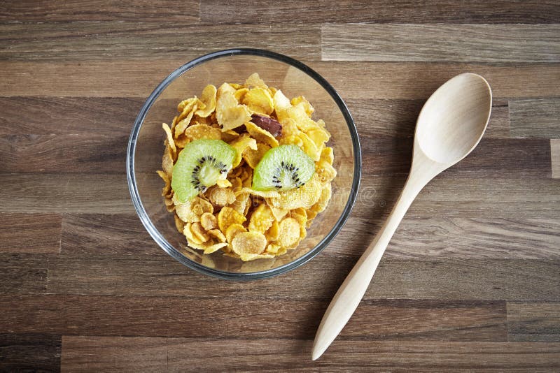 Muesli with Cornflakes in a Glassbowl on Rustic Wood Table Stock Photo ...