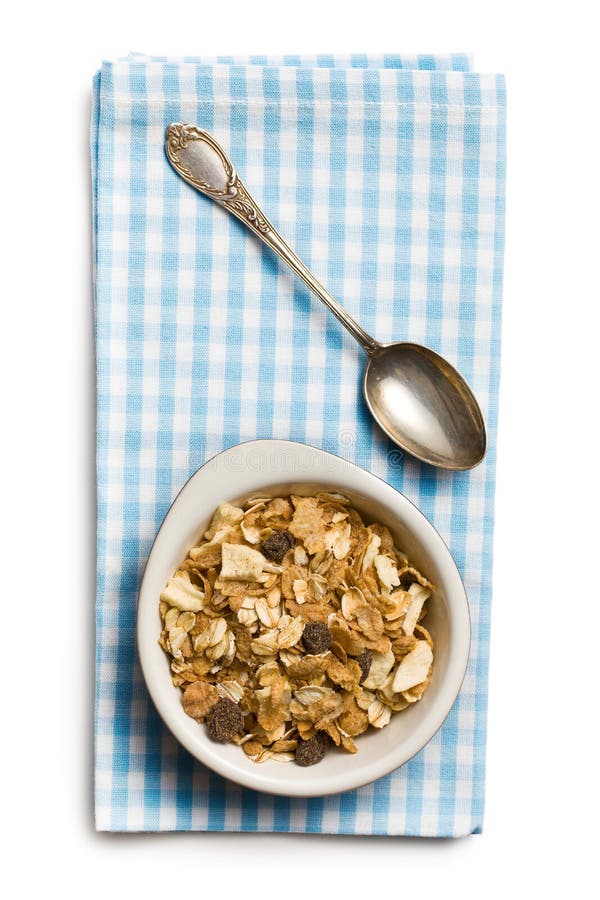 Muesli in Kom En Zilveren Lepel Stock Foto Image of levensstijl