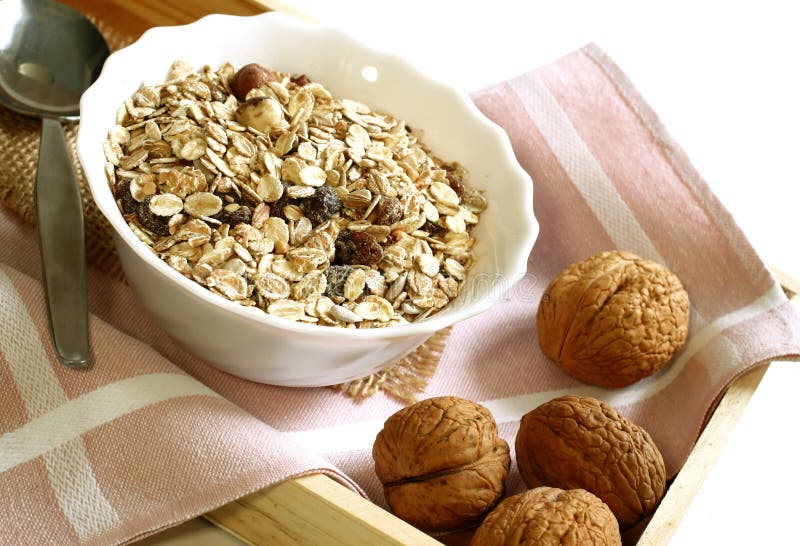 Muesli of oats with raisin and walnuts