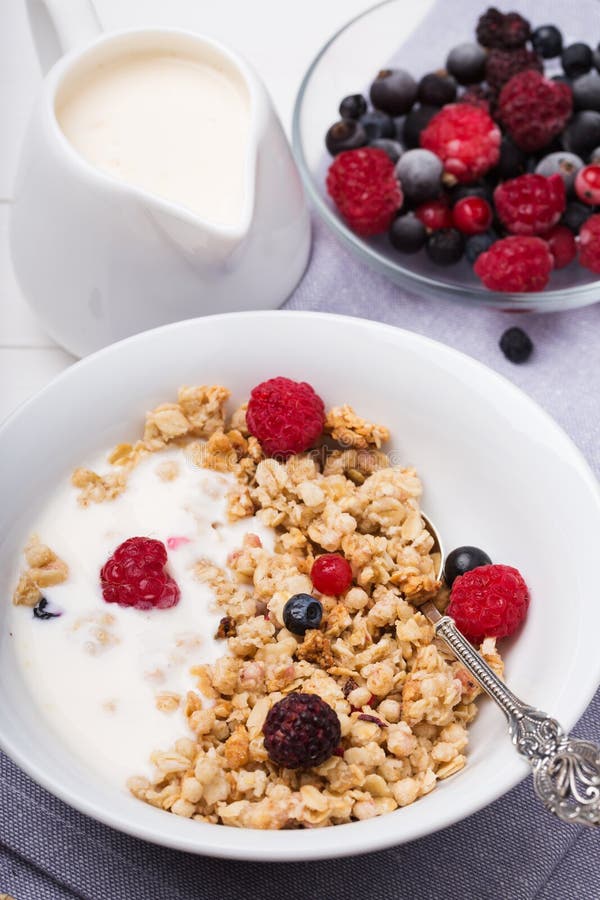 Muesli With Yogurt And Fresh Berries In A Ceramic Bowl Stock Image ...