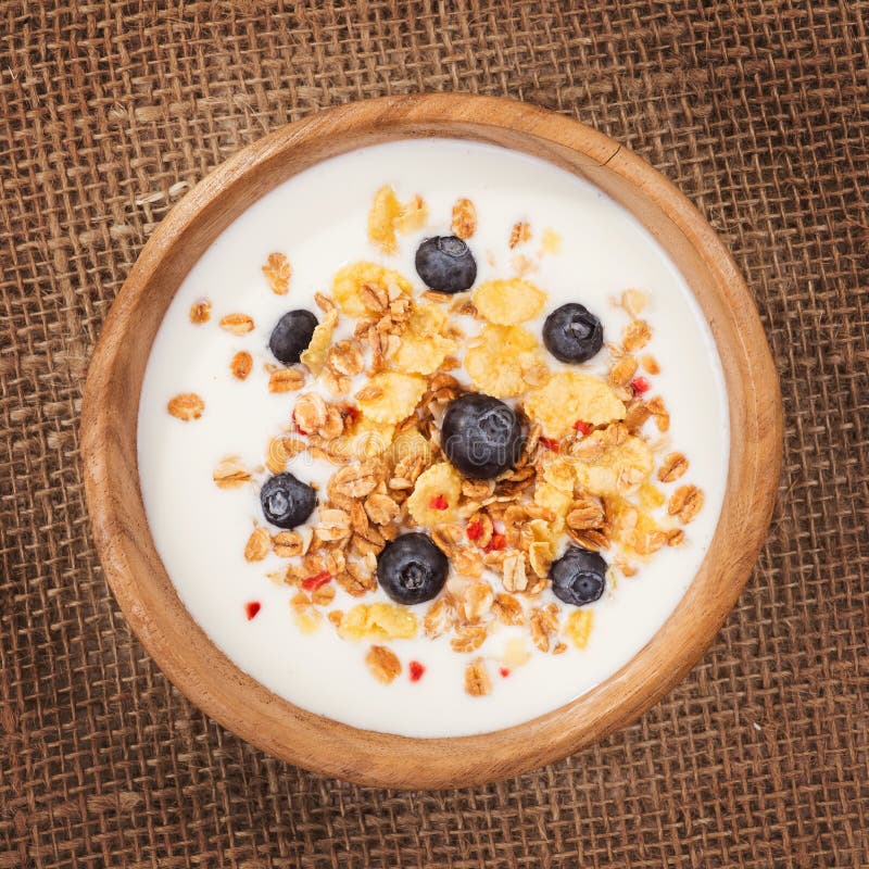 Muesli with Yogurt and Fresh Berries in a Ceramic Bowl Stock Image