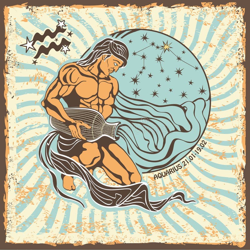 Muestra del zodiaco del acuario Tarjeta del horóscopo del vintage ilustración del vector Muestra del zodiaco del acuario Tarjeta del horóscopo del vintage ilustración del vector