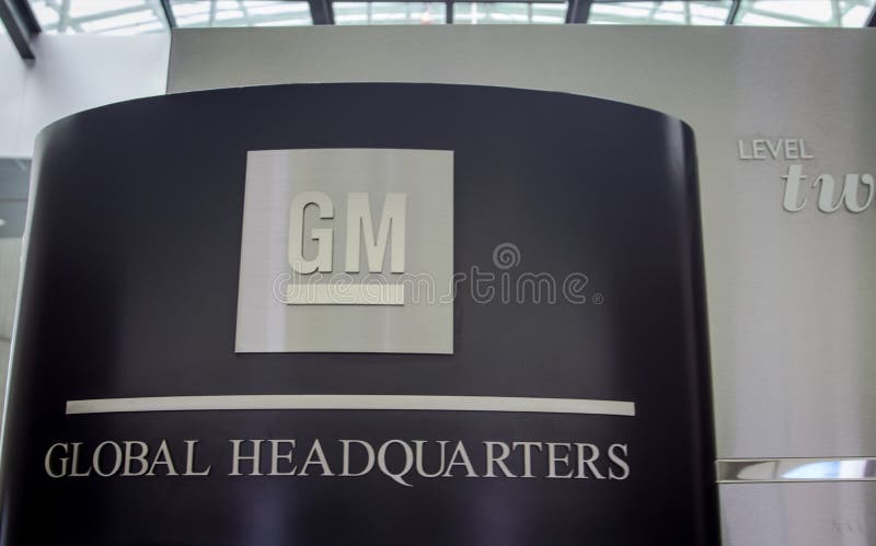 Detroit, Michigan, USA - March 28, 2018: General Motors Global Headquarters sign at the Renaissance Center in downtown Detroit. GM is one of the worlds largest auto manufacturers and employer. Detroit, Michigan, USA - March 28, 2018: General Motors Global Headquarters sign at the Renaissance Center in downtown Detroit. GM is one of the worlds largest auto manufacturers and employer