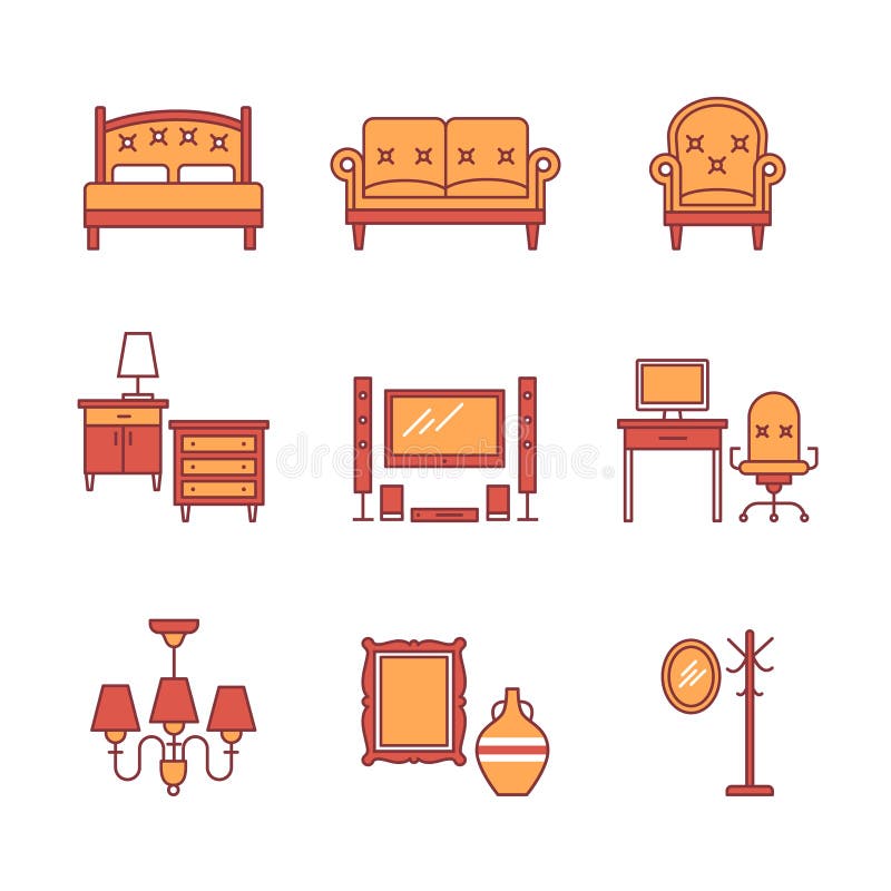 Muestras caseras de los muebles fijadas Línea fina iconos del arte ilustración del vector Muestras caseras de los muebles fijadas Línea fina iconos del arte ilustración del vector