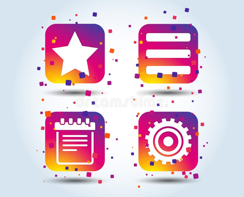 Muestras de la lista de la estrella y del menú Libreta, engranaje ilustración del vector Muestras de la lista de la estrella y del menú Libreta, engranaje ilustración del vector